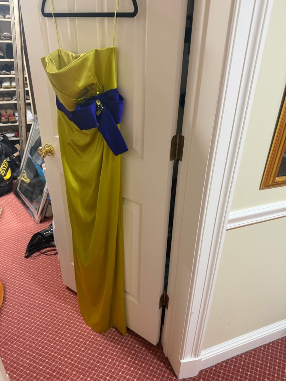 Strapless Satin Evening Gown in Chartreuse with Royal Blue Sash